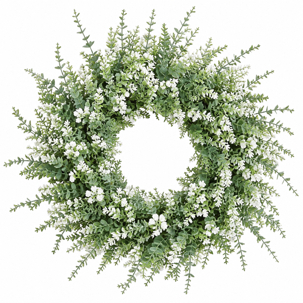 26 Inch Artificial Eucalyptus Wreath with Lavender and Baby's Breath White Green