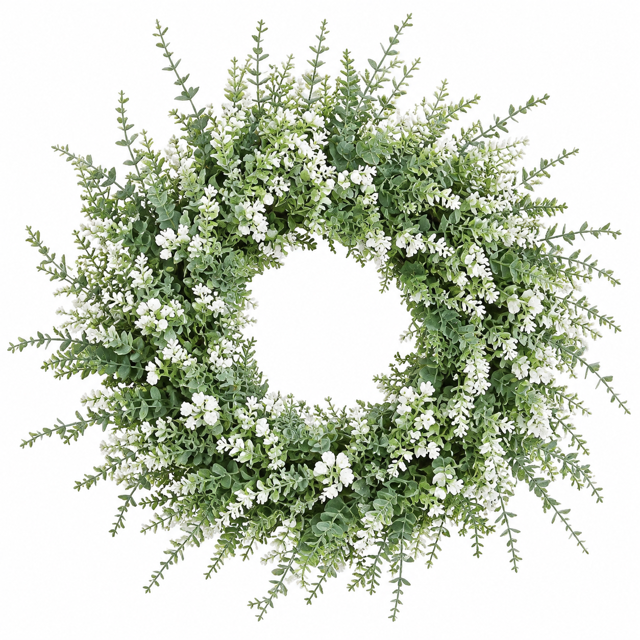 26 Inch Artificial Eucalyptus Wreath with Lavender and Baby's Breath White Green