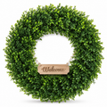 22 Inch Artificial Boxwood Wreath with Welcome Sign for Front Door All Season