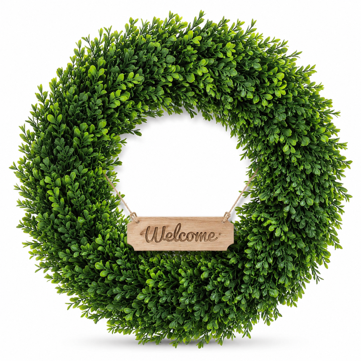 22 Inch Artificial Boxwood Wreath with Welcome Sign for Front Door All Season