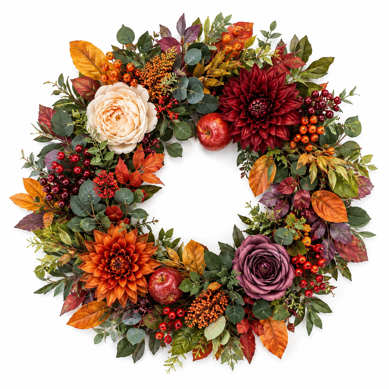 24 Inch Artificial Fall Wreath with Dahlias Apples and Berries for Front Door Thanksgiving Decor