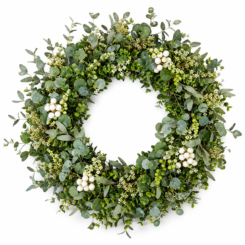 32 Inch Artificial Eucalyptus and Boxwood Wreath with Berries for Front Door All Season