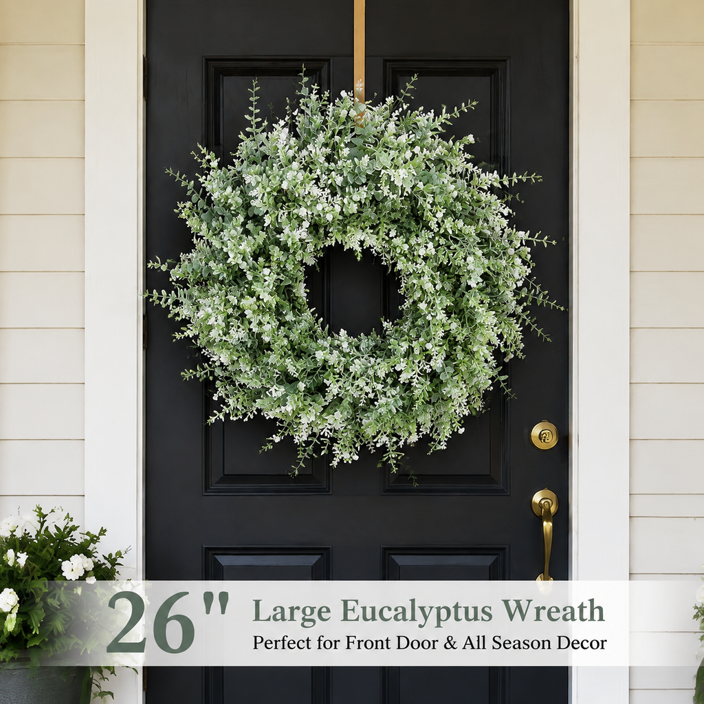 26 Inch Artificial Eucalyptus Wreath with Lavender and Baby's Breath White Green