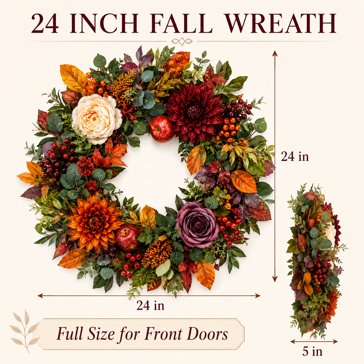 24 Inch Artificial Fall Wreath with Dahlias Apples and Berries for Front Door Thanksgiving Decor