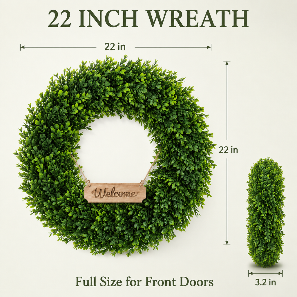 22 Inch Artificial Boxwood Wreath with Welcome Sign for Front Door All Season