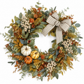 24 Inch Artificial Fall Wreath with Pumpkins Berries and Striped Bow for Front Door Thanksgiving