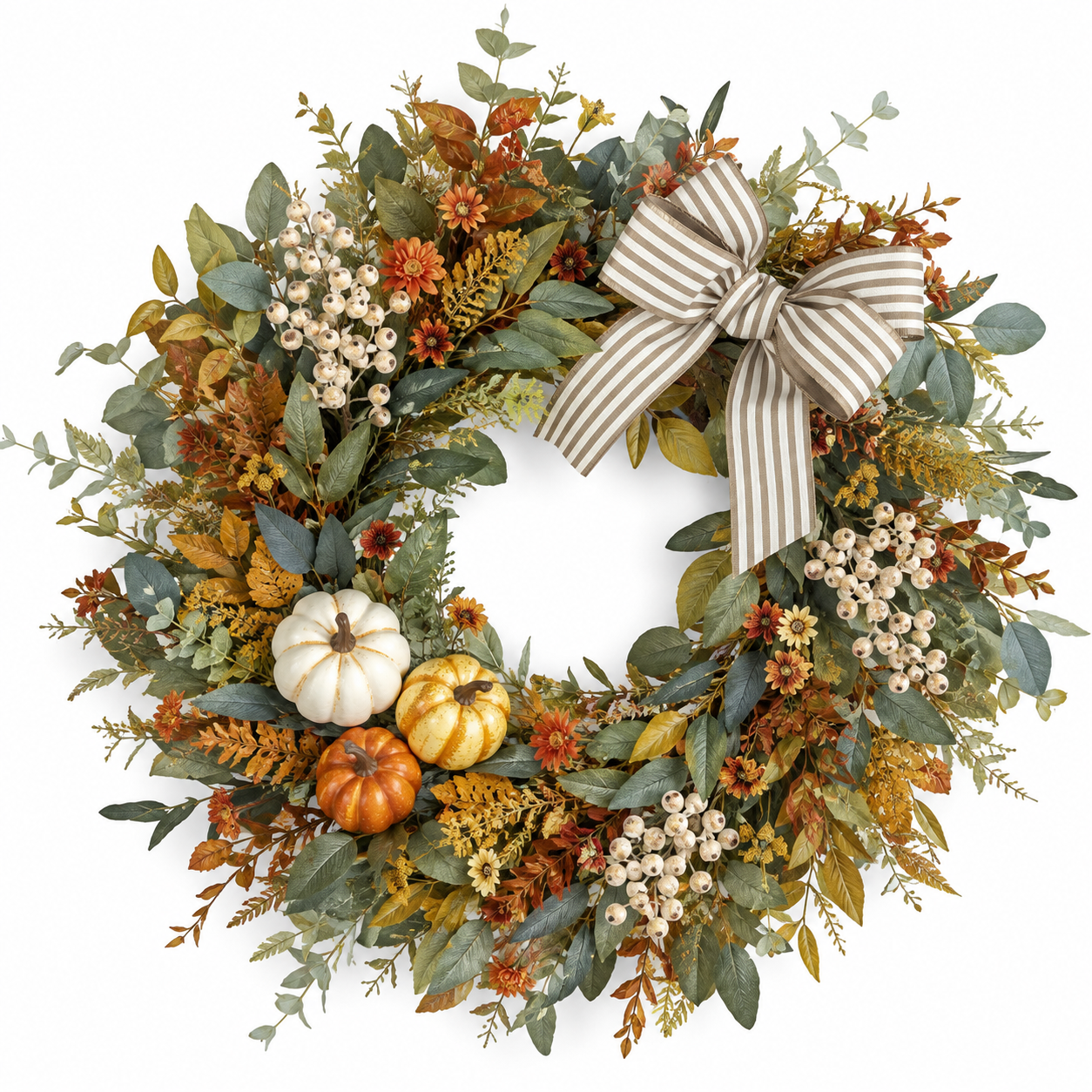 24 Inch Artificial Fall Wreath with Pumpkins Berries and Striped Bow for Front Door Thanksgiving