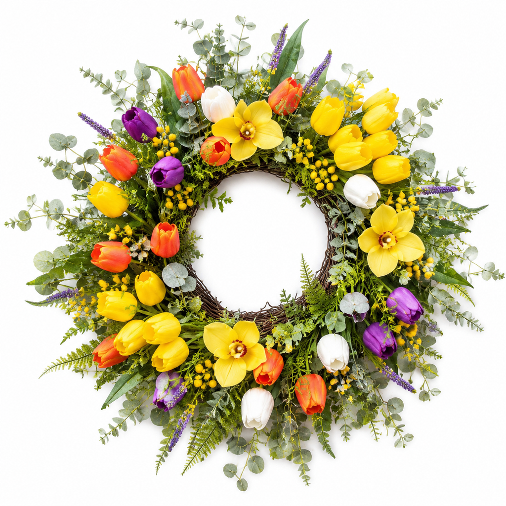 24 Inch Yellow Tulip Wreath with Orchids Eucalyptus and Ferns for Front Door Spring Summer