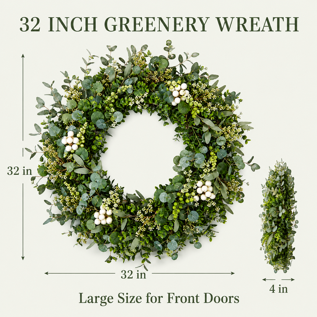 32 Inch Artificial Eucalyptus and Boxwood Wreath with Berries for Front Door All Season