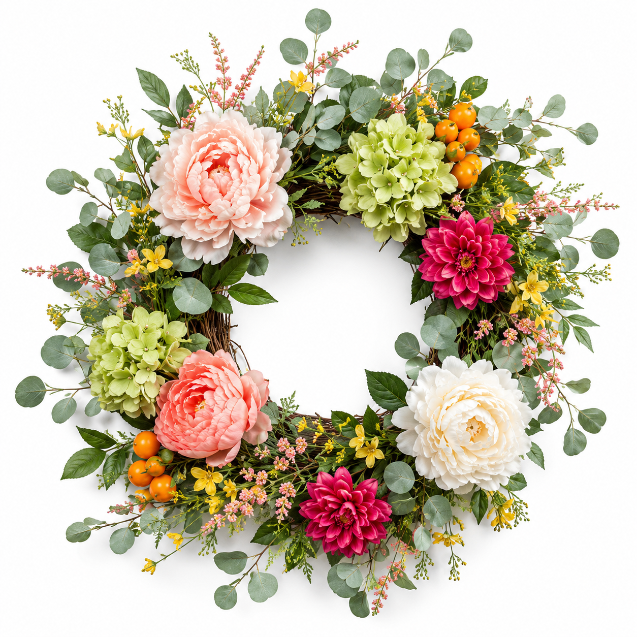 24 Inch Spring Wreath with Peonies Hydrangeas Eucalyptus and Orange Berries for Front Door