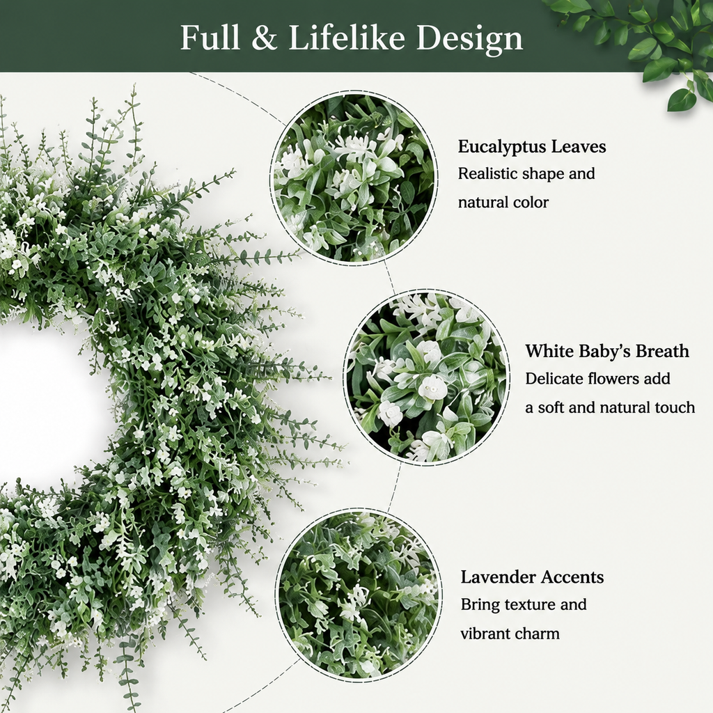 26 Inch Artificial Eucalyptus Wreath with Lavender and Baby's Breath White Green