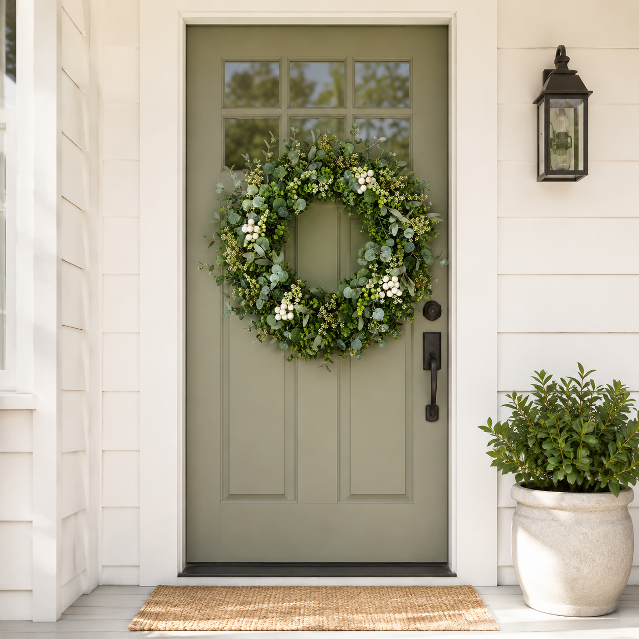 32 Inch Artificial Eucalyptus and Boxwood Wreath with Berries for Front Door All Season