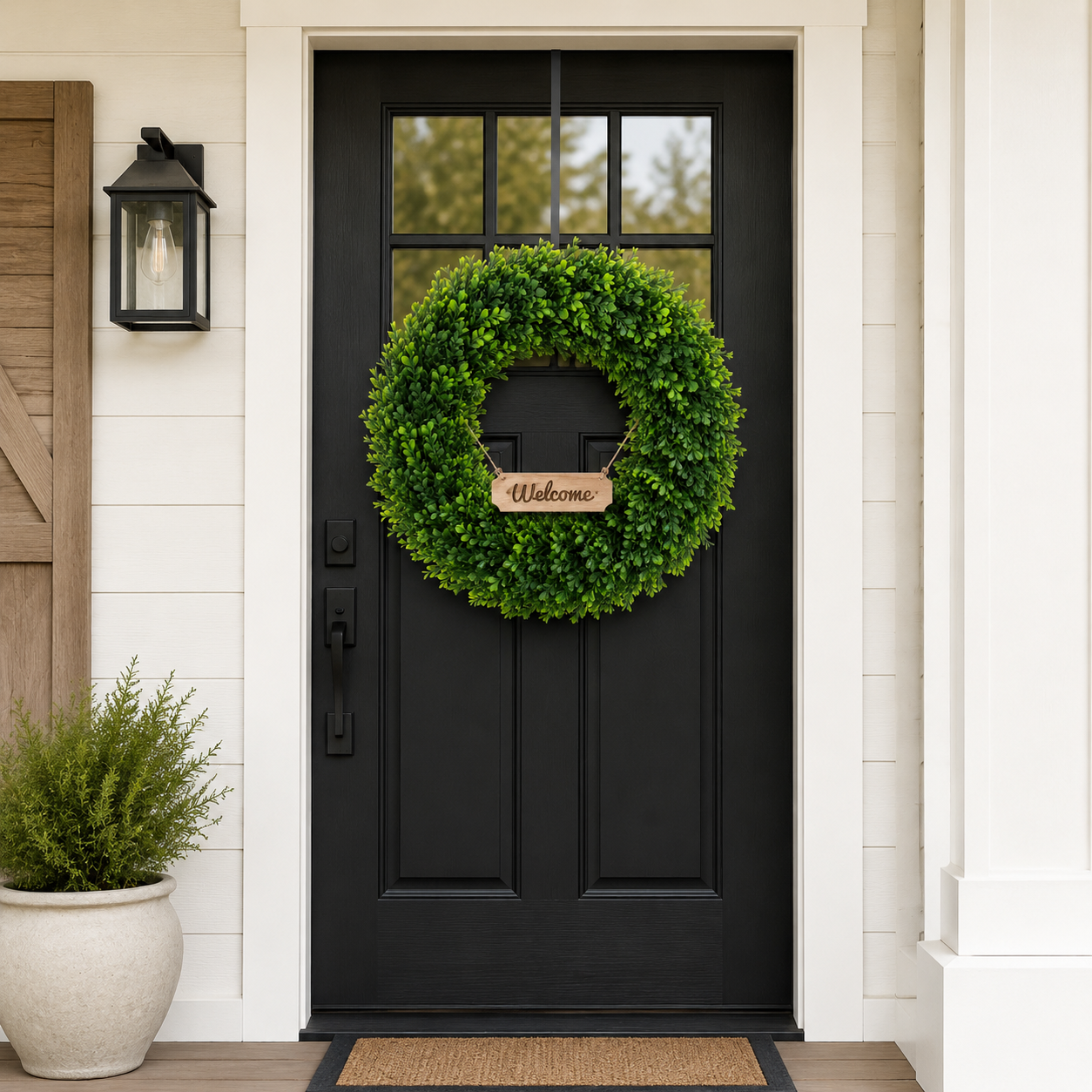 22 Inch Artificial Boxwood Wreath with Welcome Sign for Front Door All Season