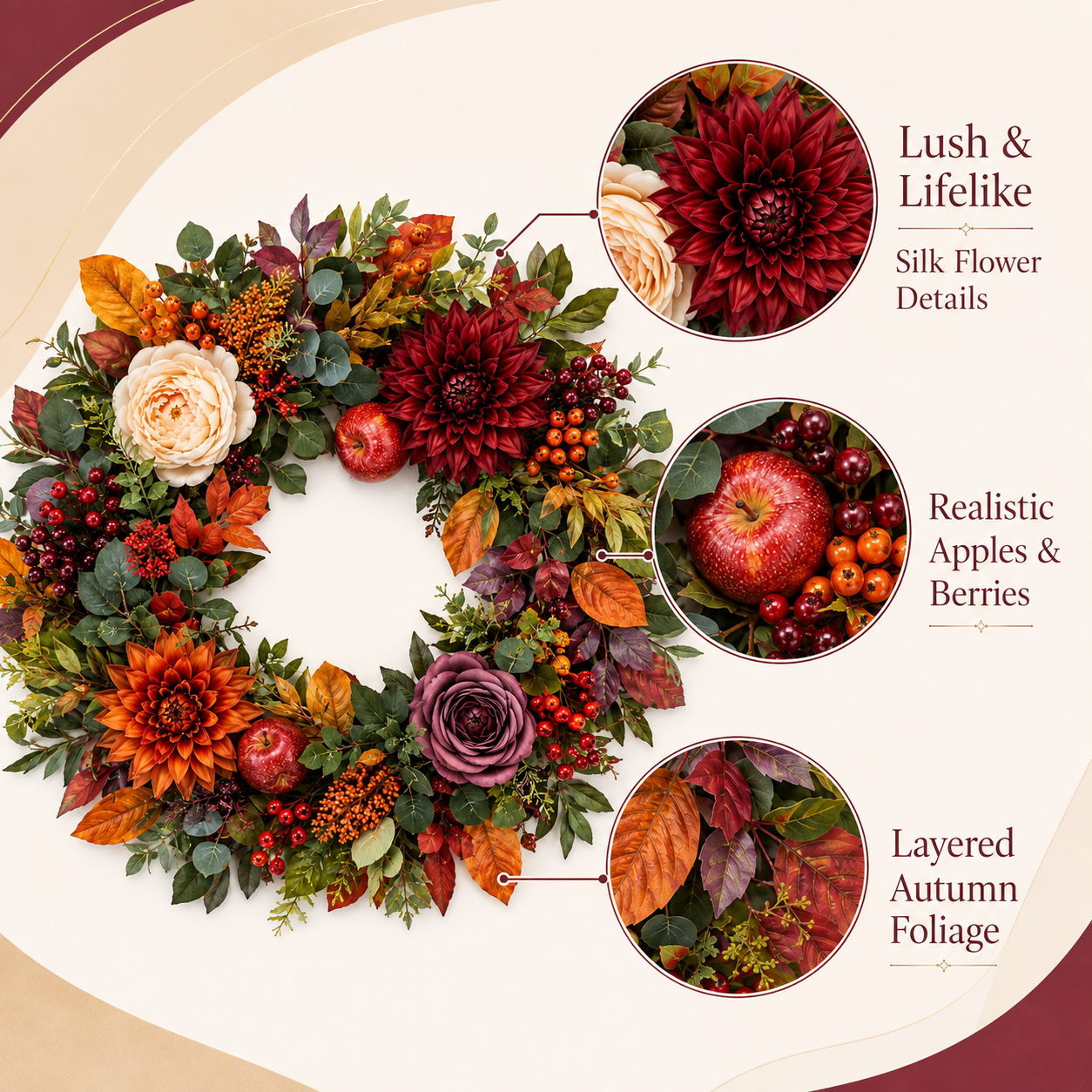 24 Inch Artificial Fall Wreath with Dahlias Apples and Berries for Front Door Thanksgiving Decor