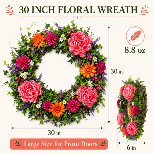 30 Inch UV Protected Peony Floral Wreath for Front Door Outdoor Spring Summer Decor