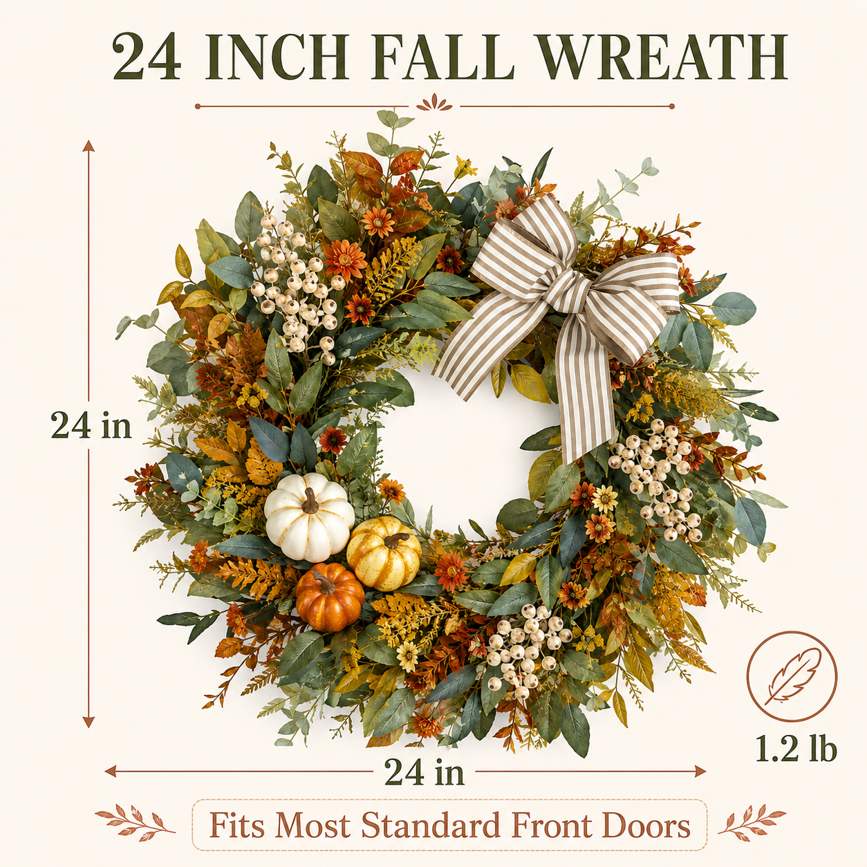 24 Inch Artificial Fall Wreath with Pumpkins Berries and Striped Bow for Front Door Thanksgiving