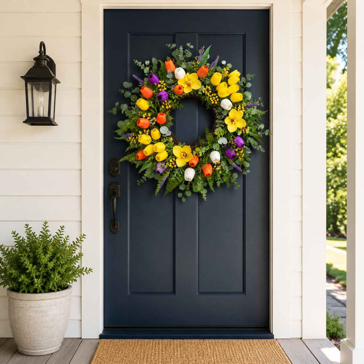 24 Inch Yellow Tulip Wreath with Orchids Eucalyptus and Ferns for Front Door Spring Summer