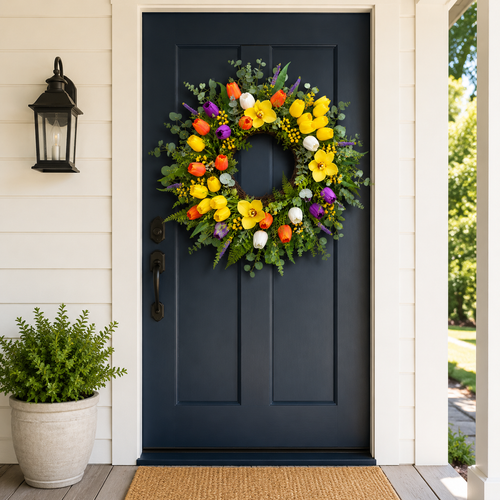 24 Inch Yellow Tulip Wreath with Orchids Eucalyptus and Ferns for Front Door Spring Summer
