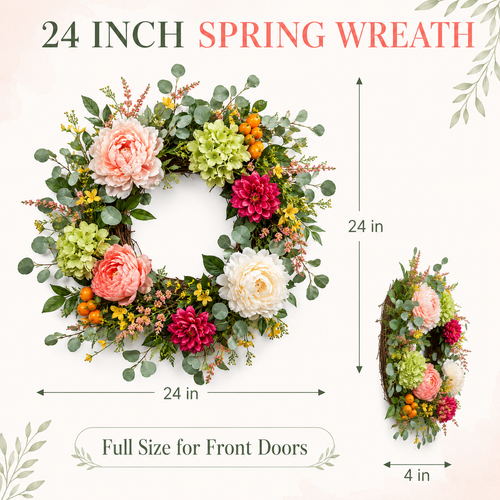 24 Inch Spring Wreath with Peonies Hydrangeas Eucalyptus and Orange Berries for Front Door
