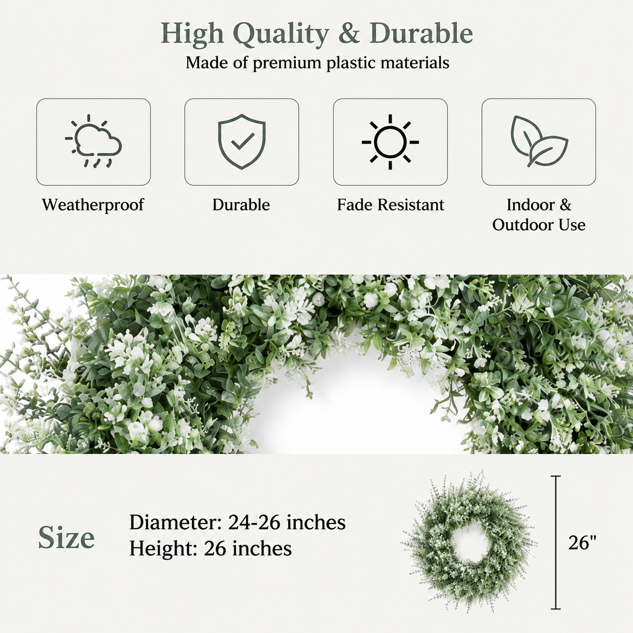 26 Inch Artificial Eucalyptus Wreath with Lavender and Baby's Breath White Green