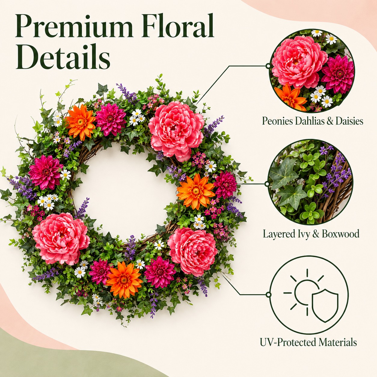 30 Inch UV Protected Peony Floral Wreath for Front Door Outdoor Spring Summer Decor