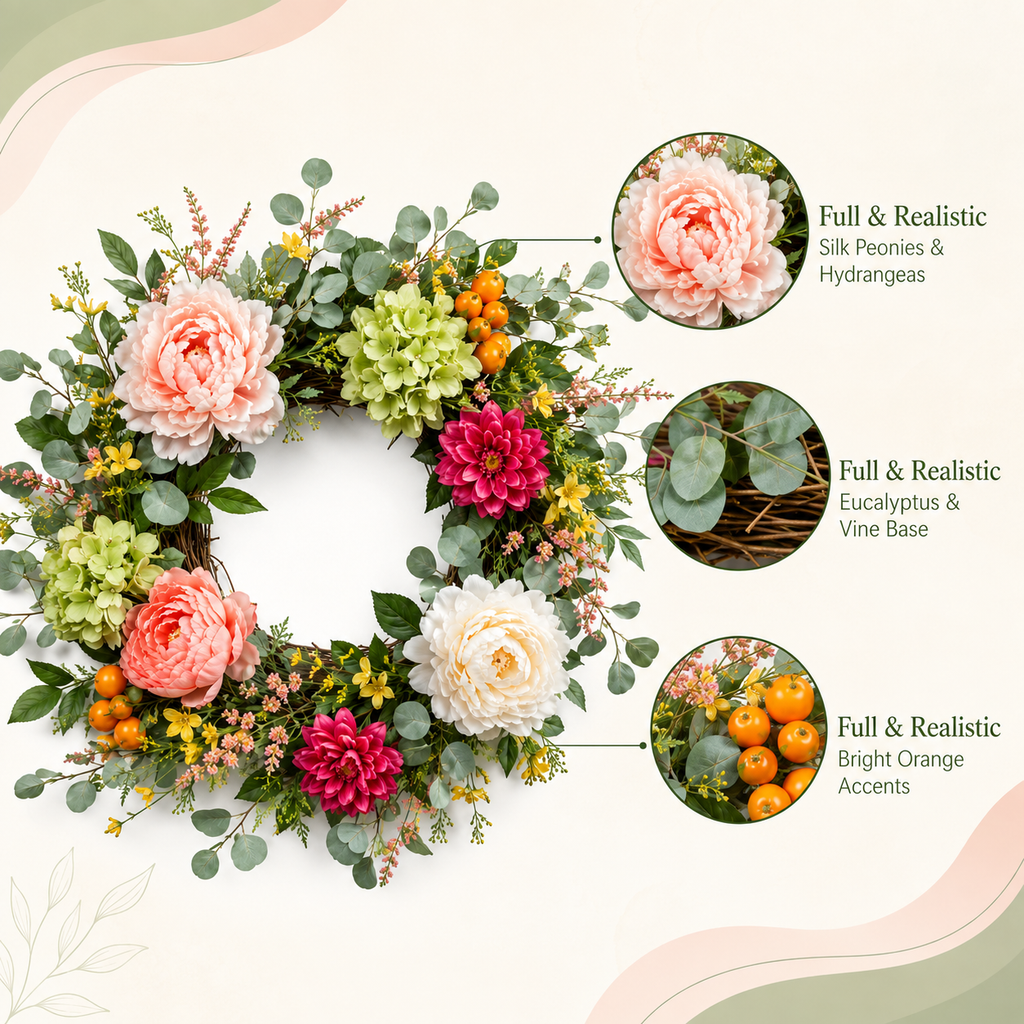 24 Inch Spring Wreath with Peonies Hydrangeas Eucalyptus and Orange Berries for Front Door