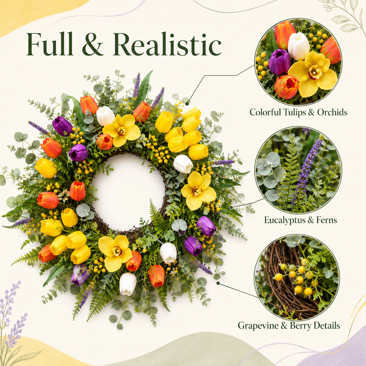 24 Inch Yellow Tulip Wreath with Orchids Eucalyptus and Ferns for Front Door Spring Summer