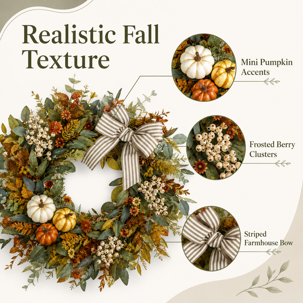 24 Inch Artificial Fall Wreath with Pumpkins Berries and Striped Bow for Front Door Thanksgiving