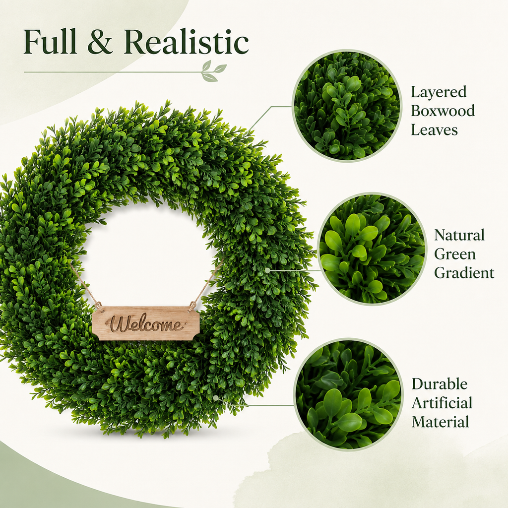 22 Inch Artificial Boxwood Wreath with Welcome Sign for Front Door All Season