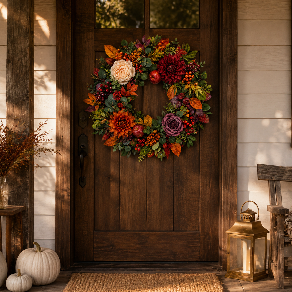 24 Inch Artificial Fall Wreath with Dahlias Apples and Berries for Front Door Thanksgiving Decor