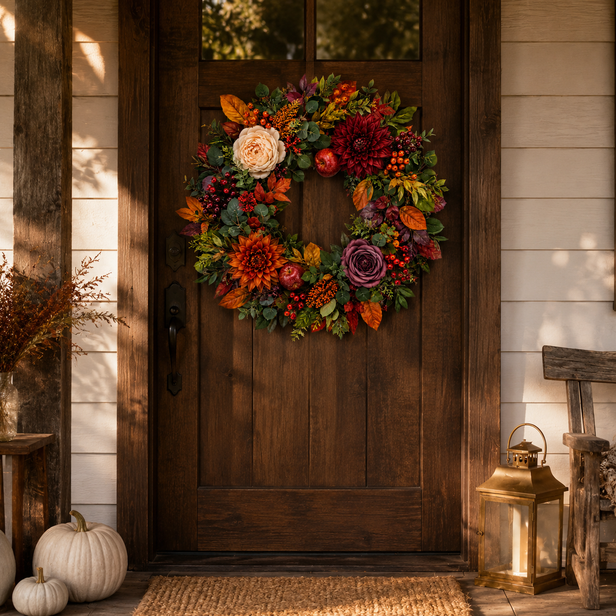 24 Inch Artificial Fall Wreath with Dahlias Apples and Berries for Front Door Thanksgiving Decor