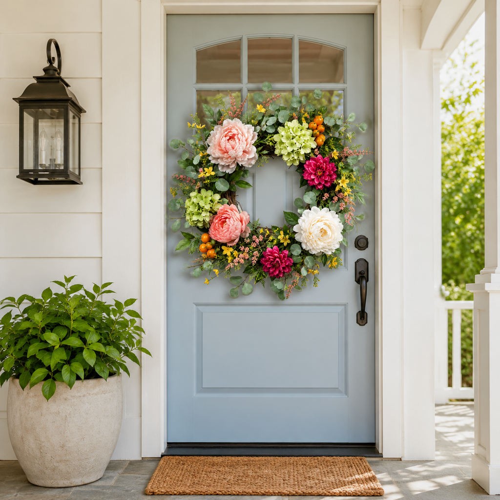 24 Inch Spring Wreath with Peonies Hydrangeas Eucalyptus and Orange Berries for Front Door