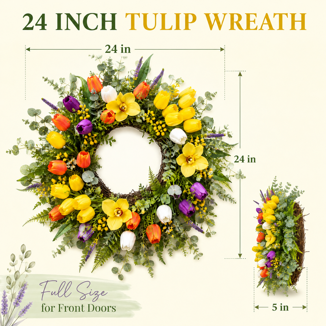 24 Inch Yellow Tulip Wreath with Orchids Eucalyptus and Ferns for Front Door Spring Summer