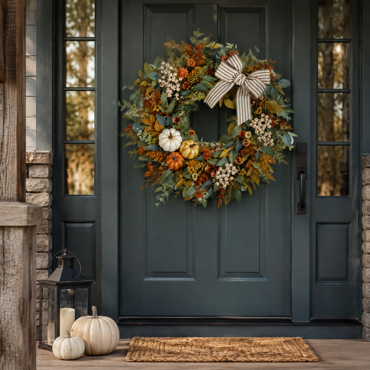 24 Inch Artificial Fall Wreath with Pumpkins Berries and Striped Bow for Front Door Thanksgiving