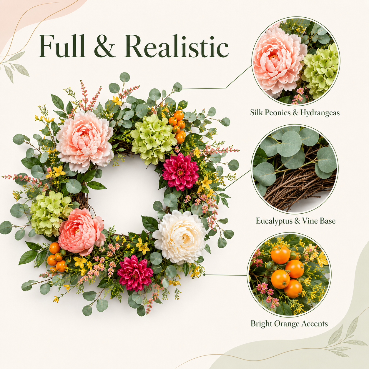 24 Inch Spring Wreath with Peonies Hydrangeas Eucalyptus and Orange Berries for Front Door